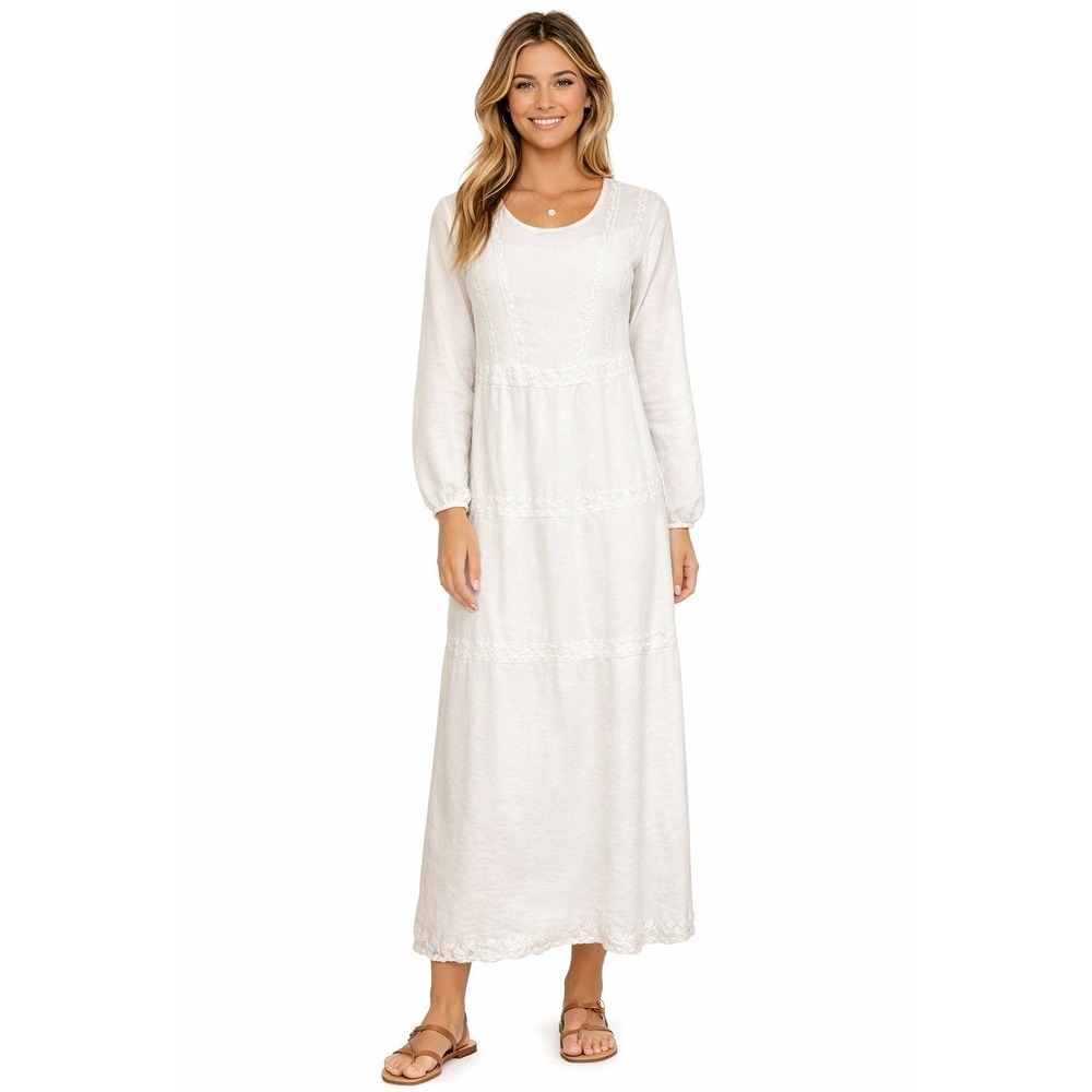 The White Long Sleeve Embroidered Boho Cottagecore Maxi Dress L